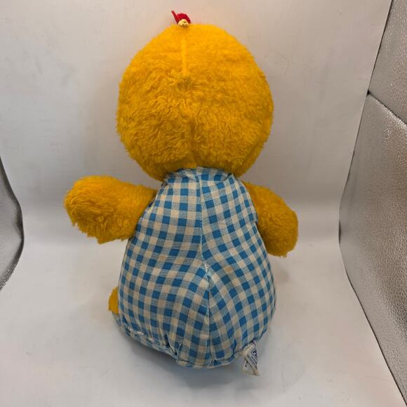 Vintage 1980s Plush Chick Yellow Stuffed Animal in Blue Gingham Romper Haiti - Picture 2 of 13